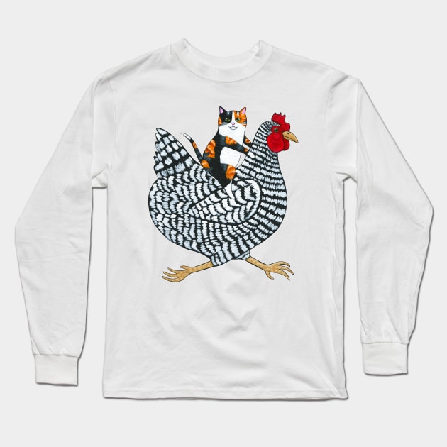 Calico Cat Chicken Ride Long Sleeve T-Shirt by KilkennyCat Art